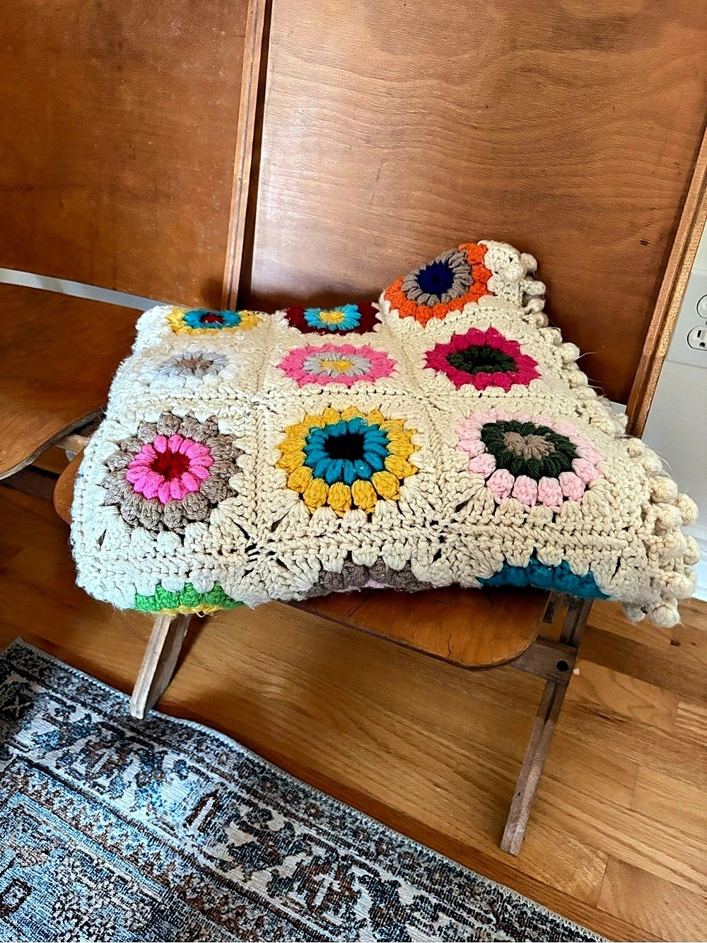 Vintage Crochet Granny Square Throw, Colorful Floral Folk Art Textile